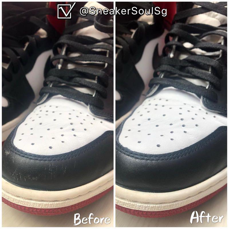 Original SneakerSoulSg Before and After photograph comparing the toe and upper of a black and white sneaker