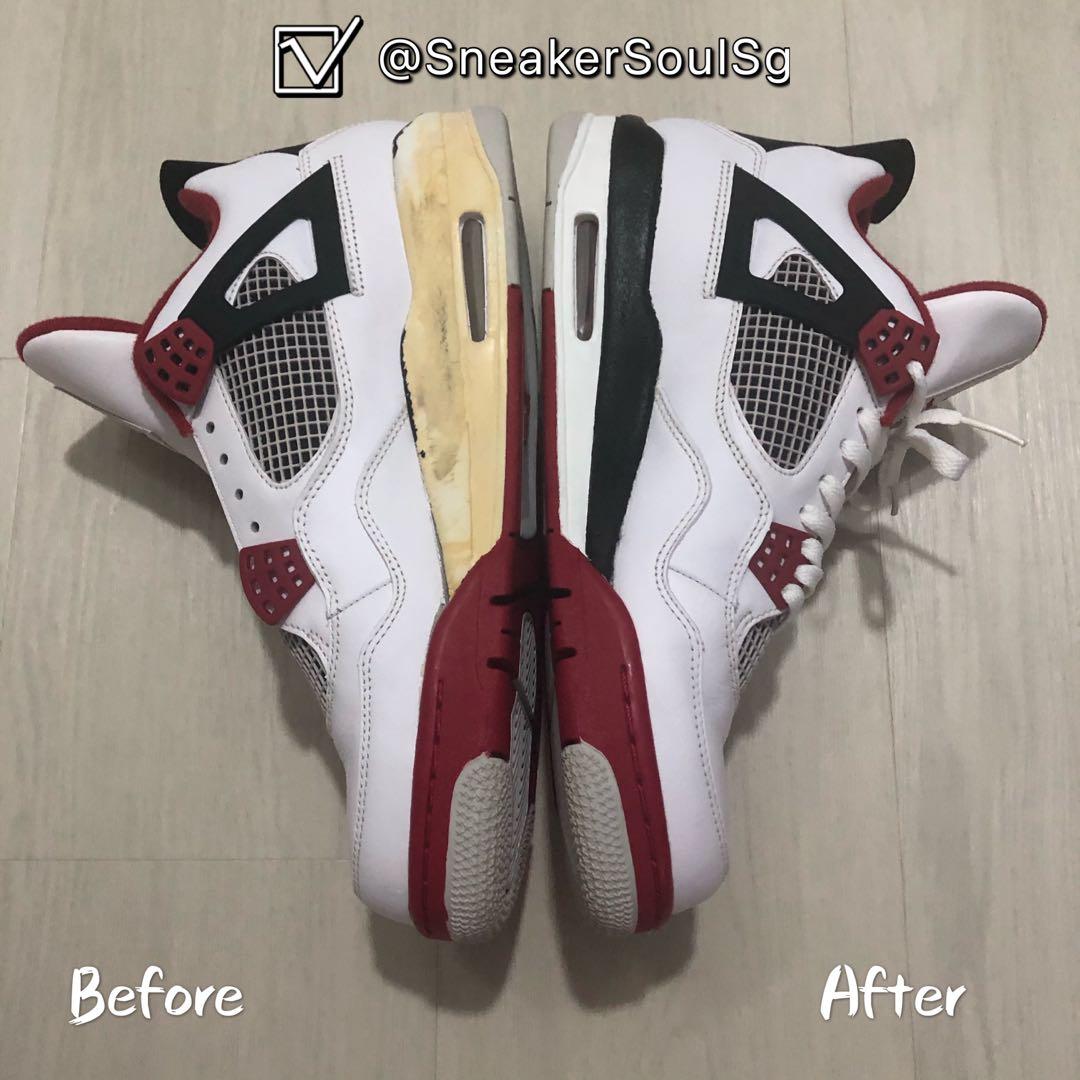 SneakerSoulSg's original Before and After comparison of white, red and black Air Jordan 4 sneakers