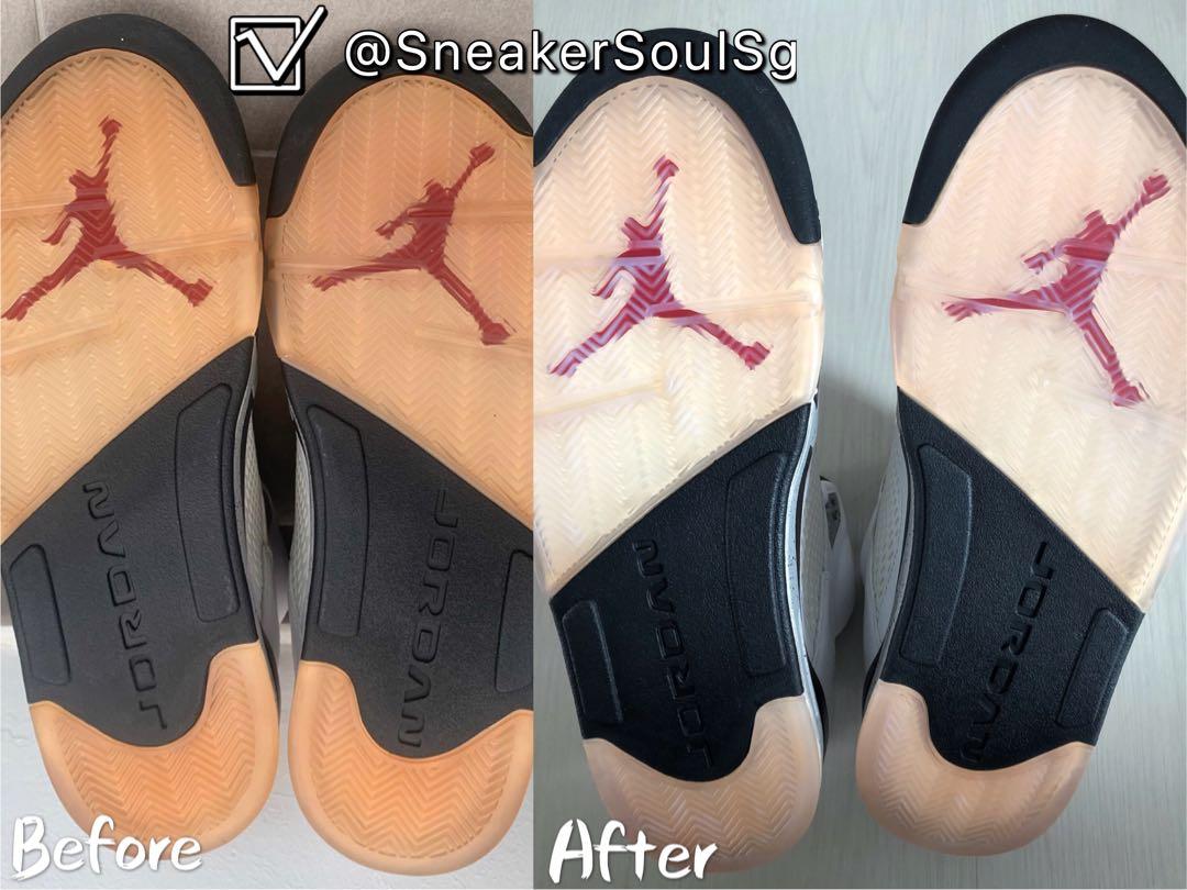 Original SneakerSoulSg Before and After photograph comparing yellowed and treated translucent sneaker outsoles