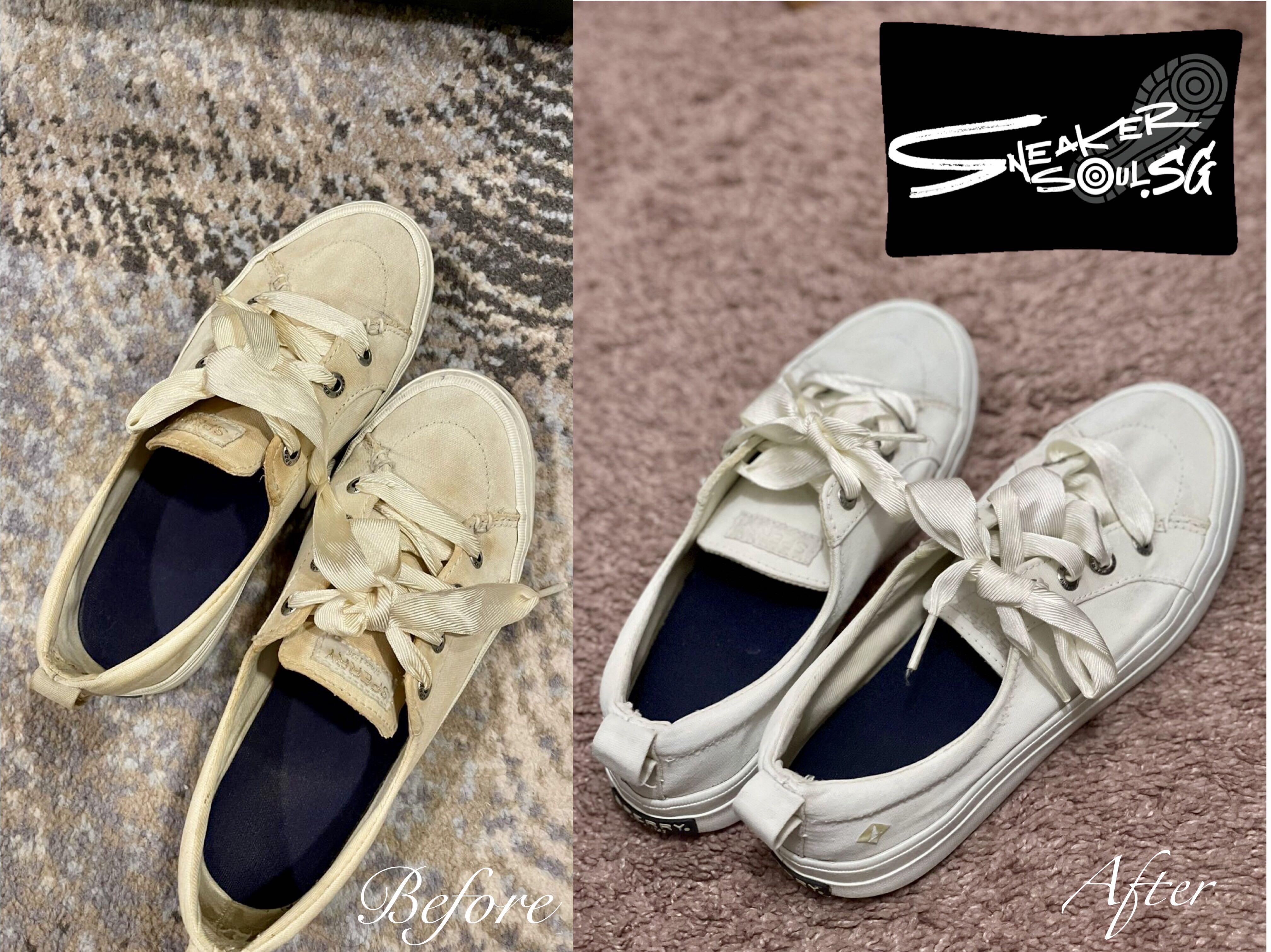 SneakerSoulSg's listing photograph showing two views of light-coloured low-top sneakers